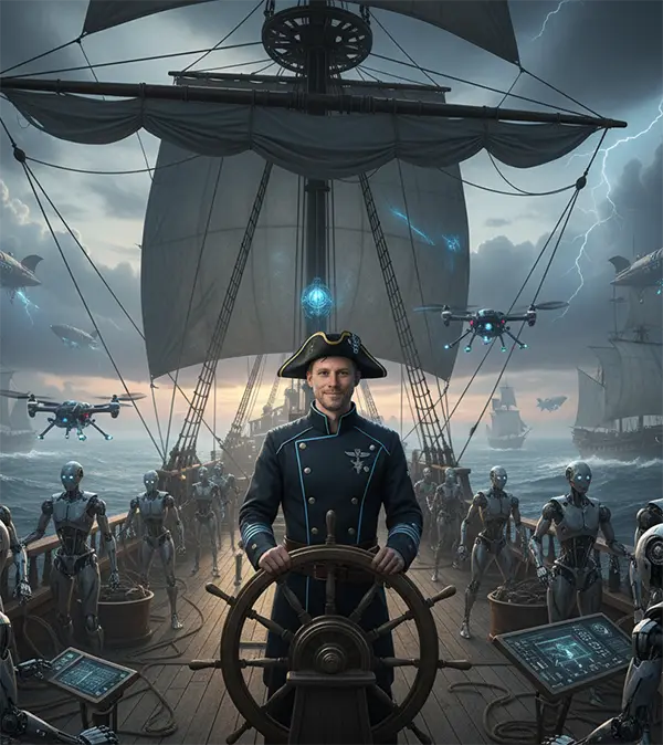 SEO Daniel Schoch als KI Marketing Kapitän am Steuer eines Segelschiffs