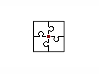 Puzzle-Symbol mit vier Teilen und rotem Punkt in der Mitte, symbolisiert modulare Funktionen für ein WordPress-Theme