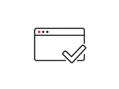 Symbol eines Web-Browsers mit einem Häkchen, das erfolgreiche Überprüfung oder Optimierung der Landingpage symbolisiert