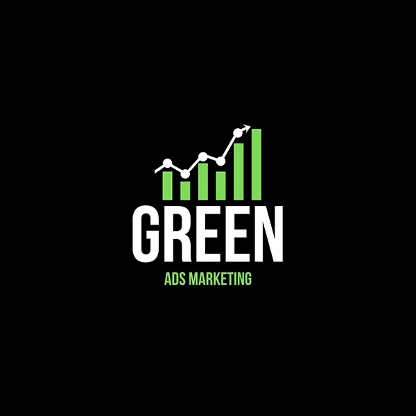 Logo von Green Ads Marketing mit grünem Balkendiagramm und steigender Linie auf schwarzem Hintergrund.