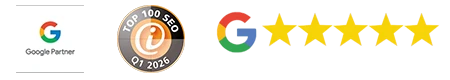 Abzeichen Google Partner und Top 100 SEO Q1 2026, daneben Google-Logo mit 4,9 von 5 Sternen