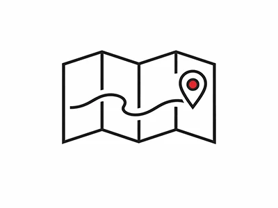 Illustration einer offenen Landkarte mit Wegführung und rotem Standortmarker, Symbol für Navigation und Routenplanung.