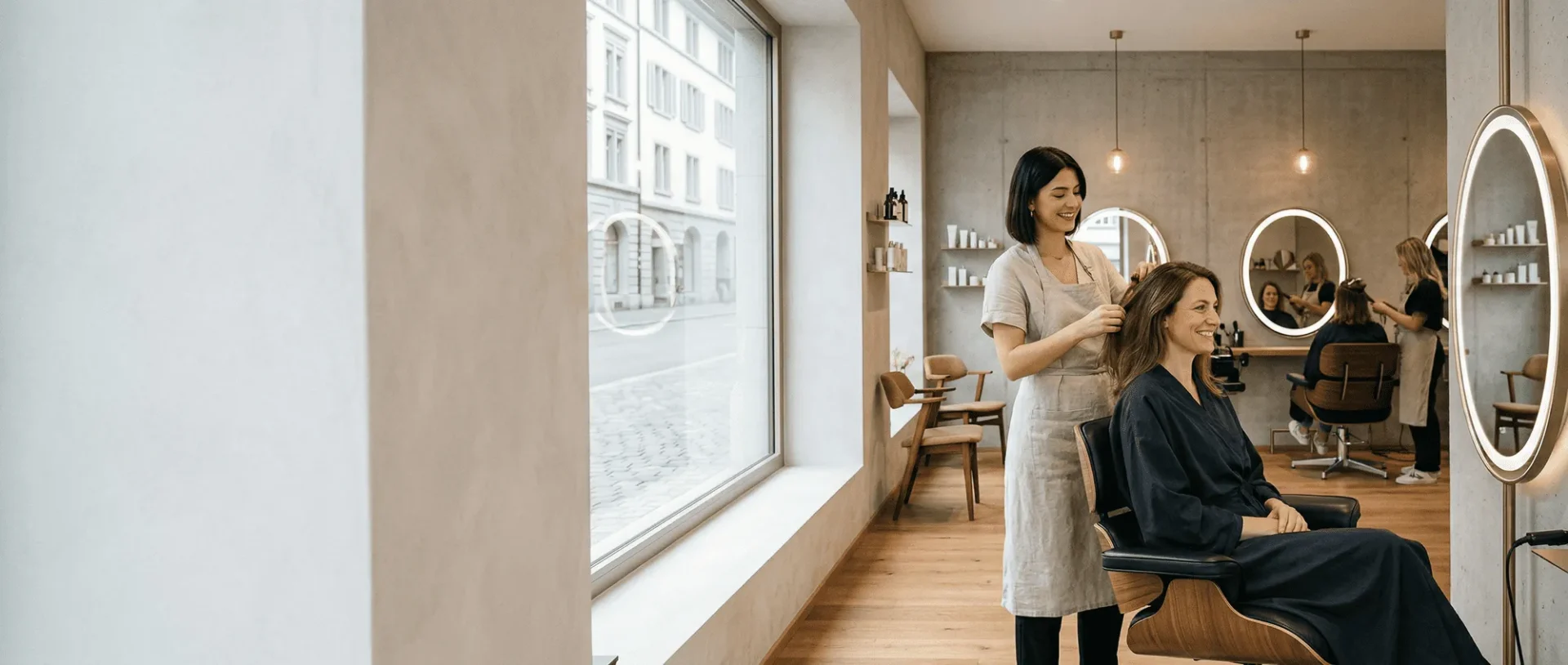 Friseursalon mit moderner Einrichtung, lächelnde Kundin erhält professionelle Haarpflege vor einem beleuchteten Spiegel.