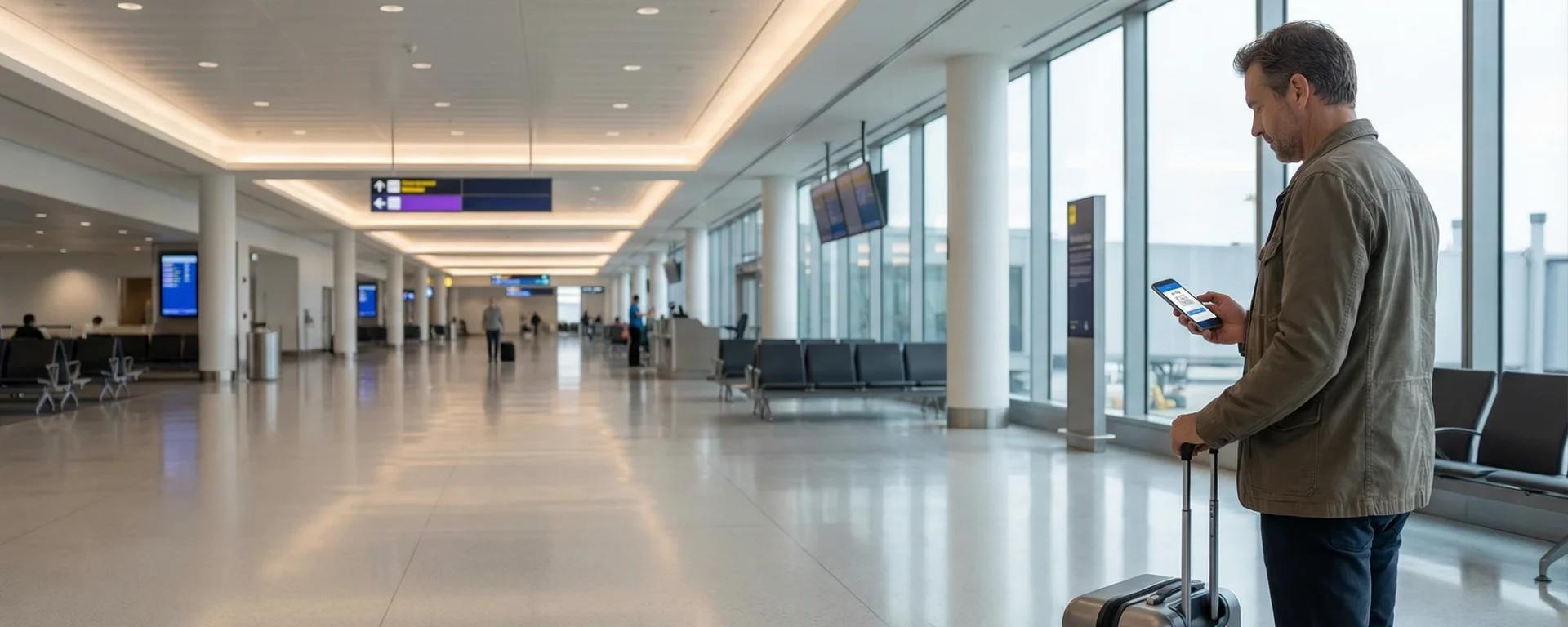 Mann am Flughafen mit Smartphone, blickt auf Boarding-Pass, steht neben Koffer in moderner, leeren Wartehalle.
