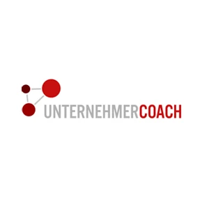 Logo von Unternehmercoach mit roten Kreisen und grauer Schrift auf weißem Hintergrund.