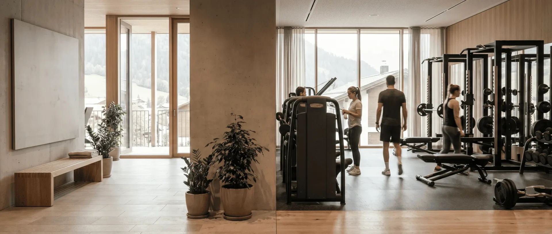 Moderner Fitnessraum mit Trainingseinrichtungen und natürlichem Licht durch große Fenster mit Bergblick.
