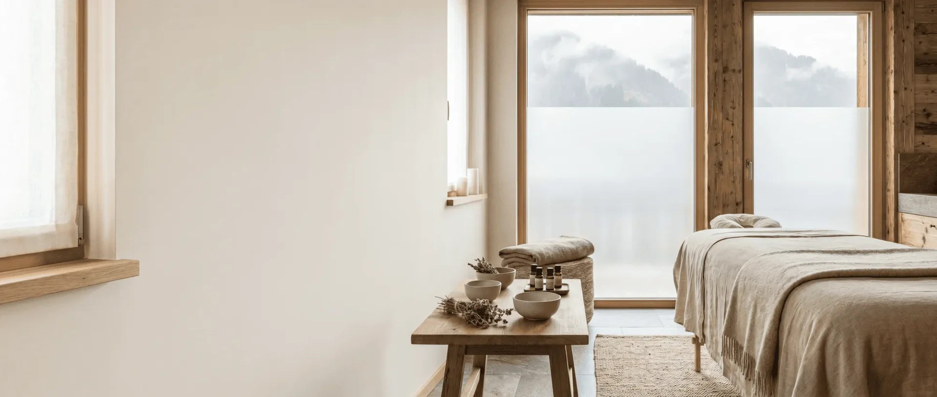 Gemütliches Spa-Zimmer mit Massageliege, Handtüchern und ätherischen Ölen, umgeben von Holz und sanftem Licht. Perfekte Entspannungsoase.