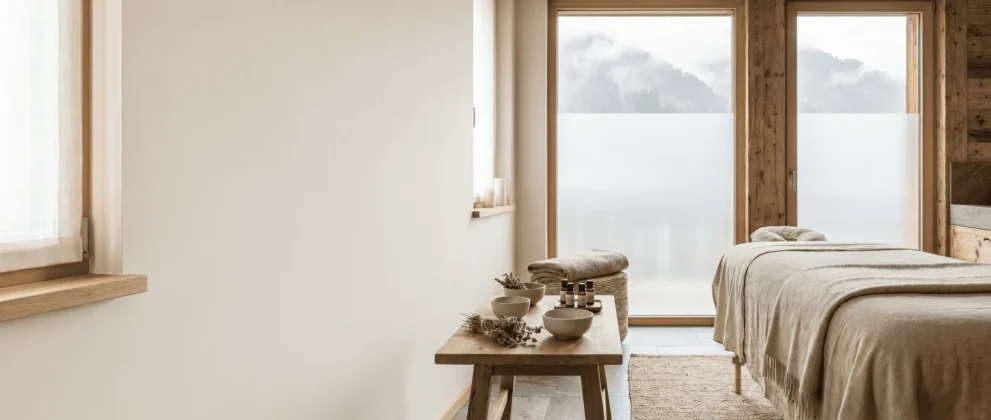 Gemütliches Spa-Zimmer mit Massageliege, Handtüchern und ätherischen Ölen, umgeben von Holz und sanftem Licht. Perfekte Entspannungsoase.