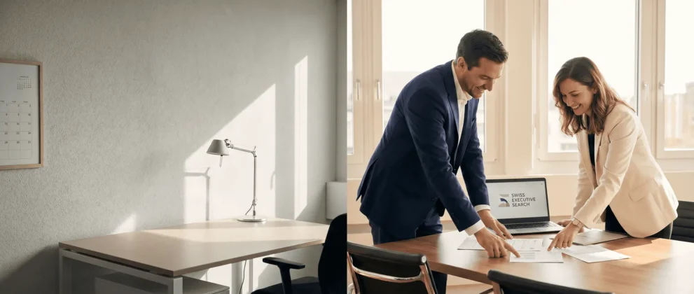 Geschäftstreffen im Büro: Zwei Personen im Anzug besprechen Dokumente am Tisch, im Hintergrund ein Laptop.