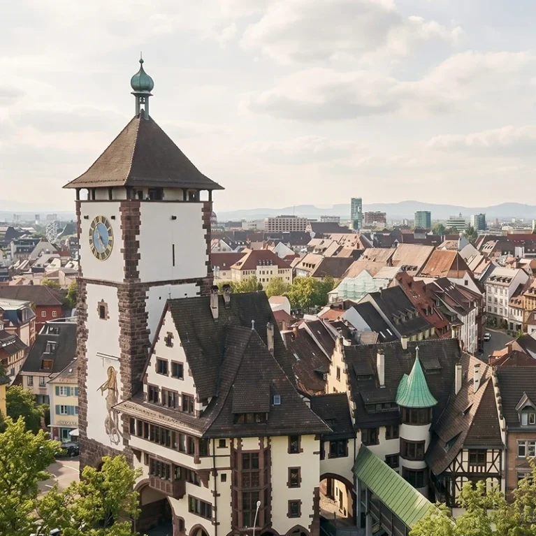 Blick über die Altstadt von Freiburg mit einem historischen Stadttor im Vordergrund