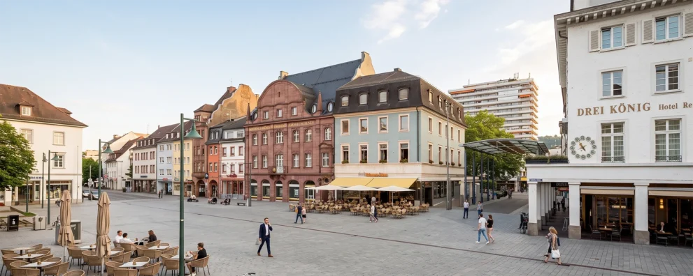Marktplatz Lörrach mit historischen Gebäuden, Restaurant Drei König und weiteren Cafés und Menschen in der Innenstadt bei Tageslicht.
