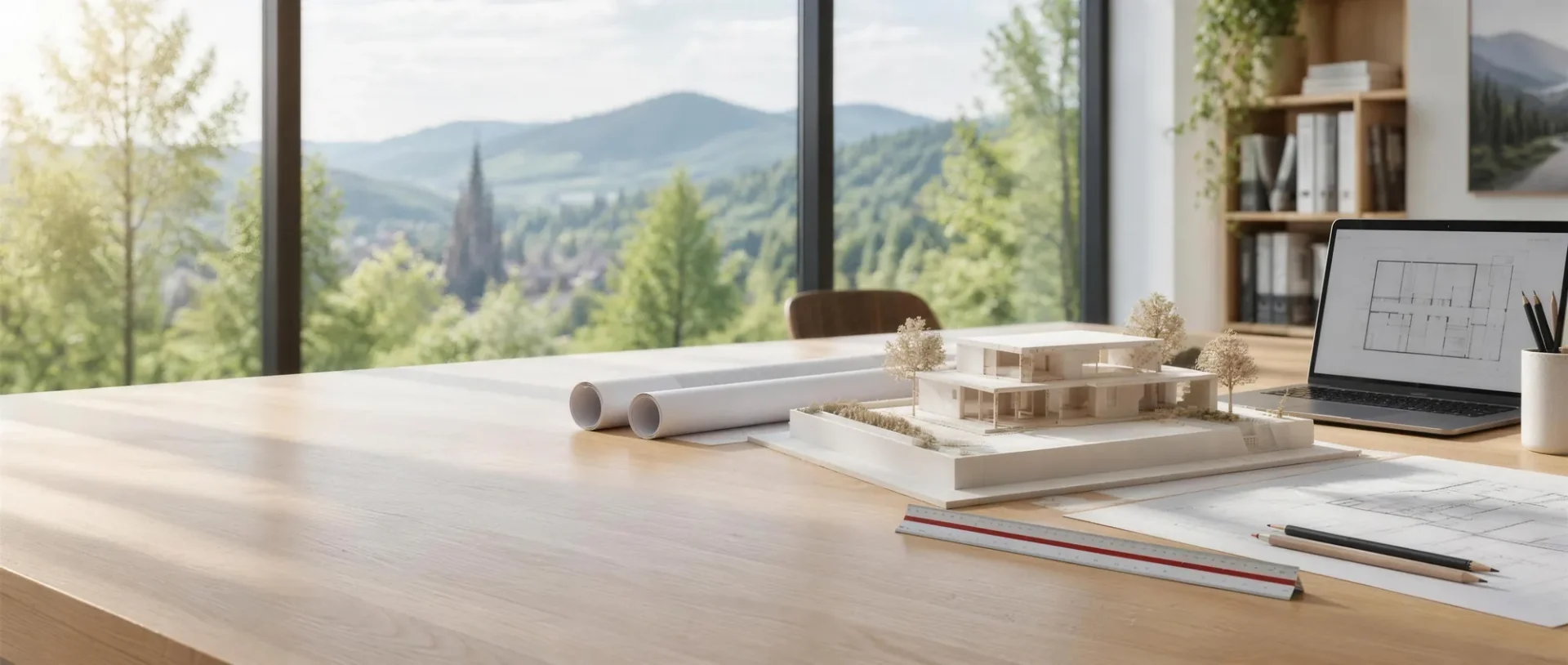 Architekturbüro in Freiburg: Hausmodell, Baupläne und Laptop mit Grundriss auf einem Holztisch, im Hintergrund Schwarzwald und Münsterturm