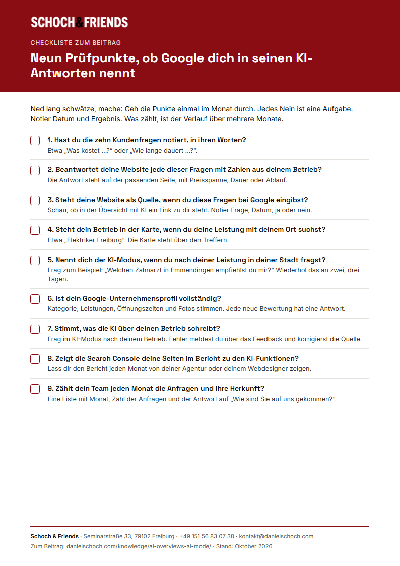 Vorschau der Checkliste AI Overviews mit neun Prüfpunkten für Googles KI-Antworten