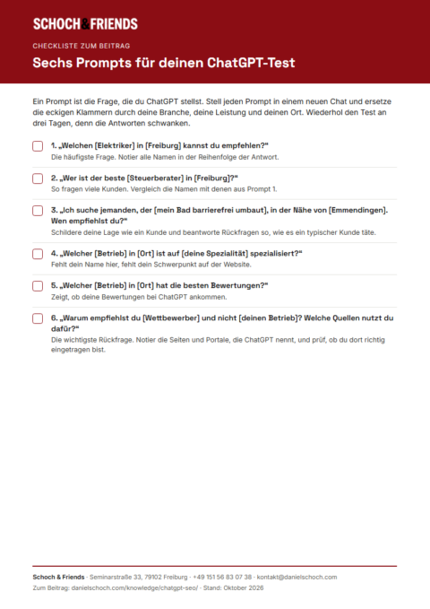 Vorschau der ChatGPT-Checkliste mit sechs Prompts für den Selbsttest
