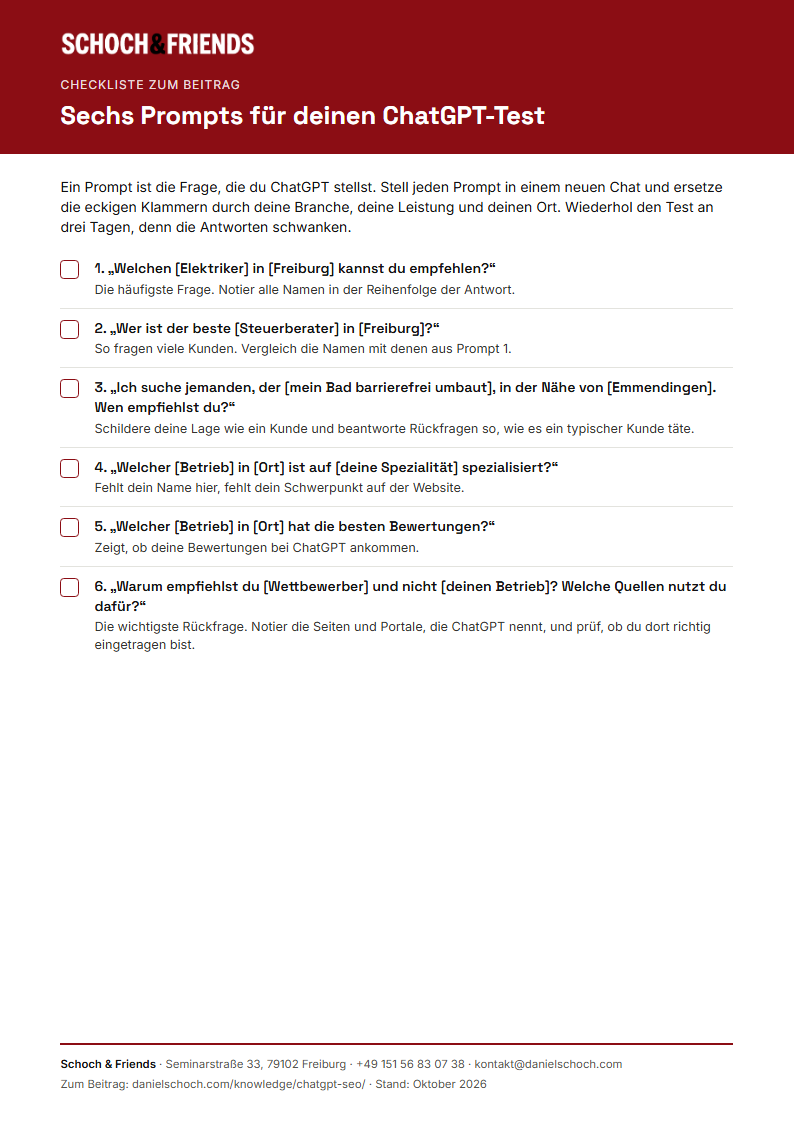 Vorschau der ChatGPT-Checkliste mit sechs Prompts für den Selbsttest