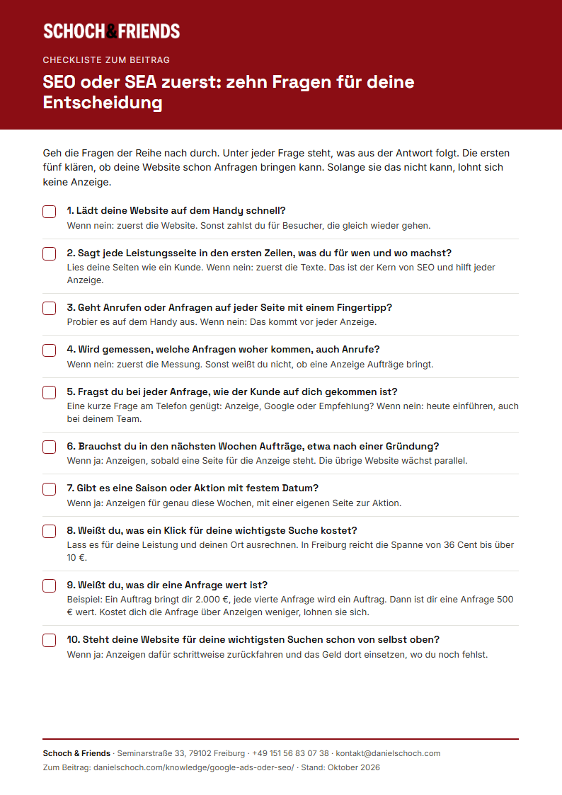 Vorschau der Checkliste SEO oder SEA mit zehn Fragen zur Budgetentscheidung
