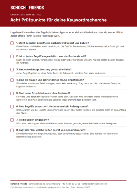 Vorschau der Checkliste zur Keywordrecherche mit acht Prüfpunkten