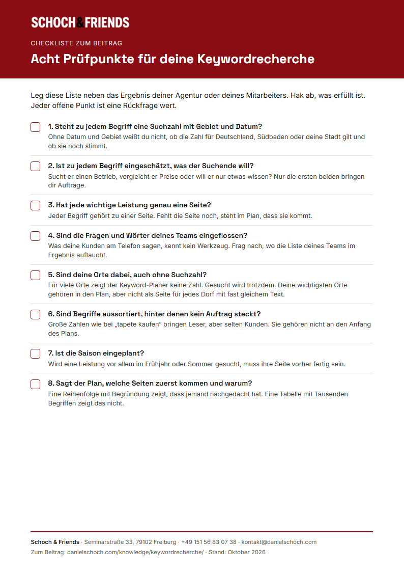 Vorschau der Checkliste zur Keywordrecherche mit acht Prüfpunkten