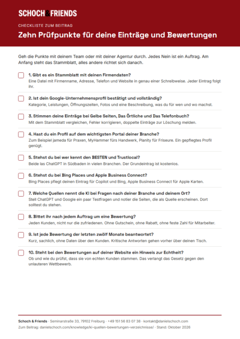 Vorschau der Checkliste Branchenverzeichnisse mit zehn Prüfpunkten für Einträge und Bewertungen