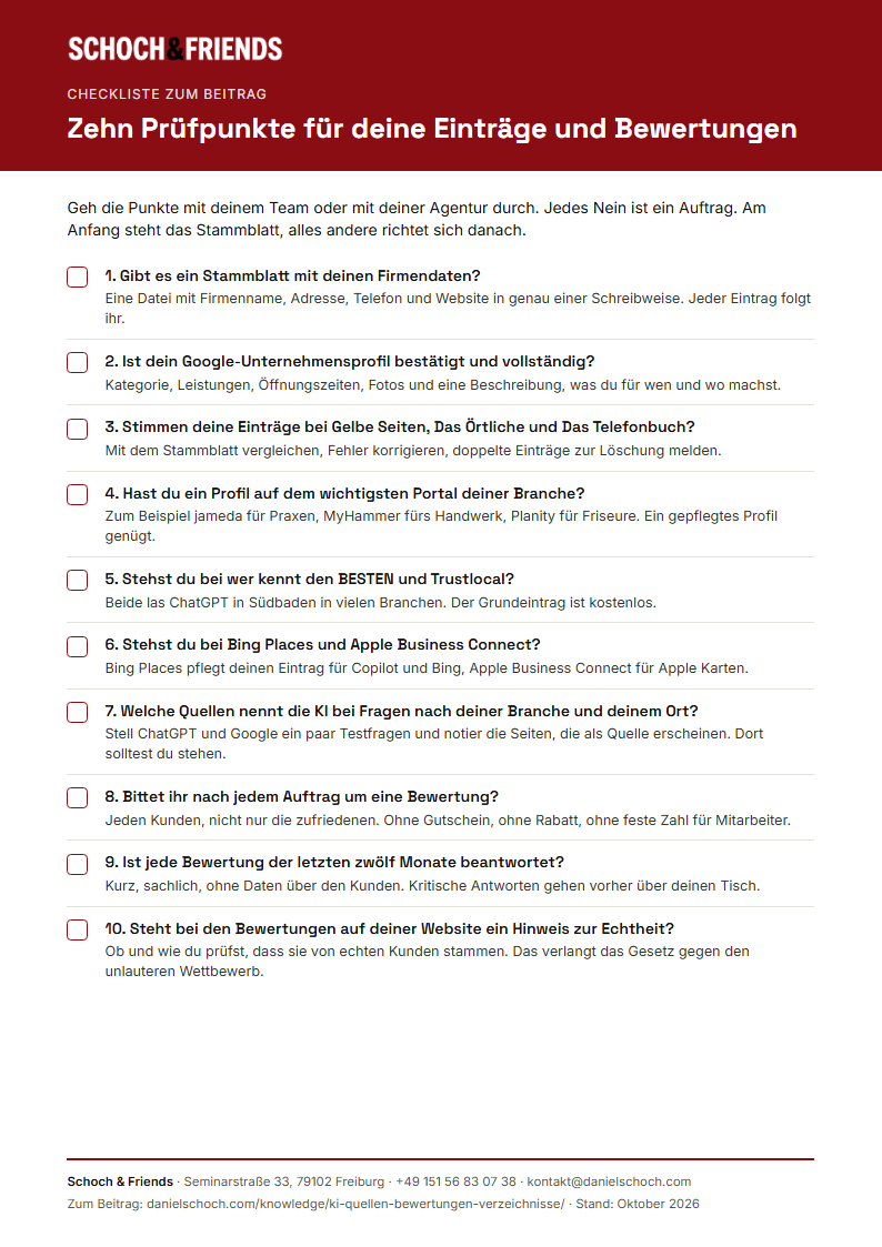 Vorschau der Checkliste Branchenverzeichnisse mit zehn Prüfpunkten für Einträge und Bewertungen