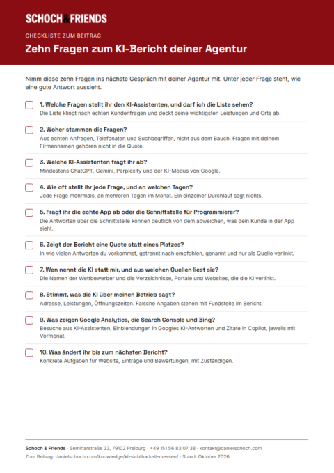 Vorschau der Checkliste KI-Sichtbarkeit mit zehn Fragen zum KI-Bericht der Agentur