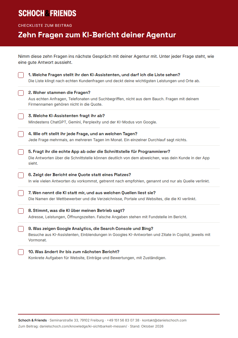 Vorschau der Checkliste KI-Sichtbarkeit mit zehn Fragen zum KI-Bericht der Agentur