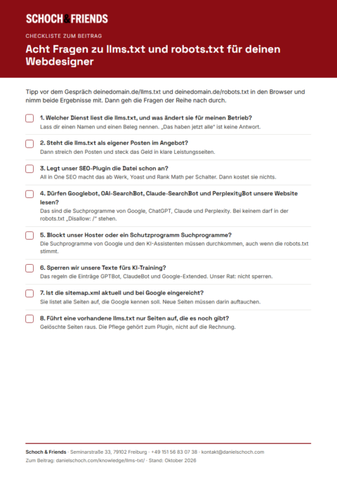 Vorschau der Checkliste llms.txt mit acht Fragen zu llms.txt und robots.txt für den Webdesigner