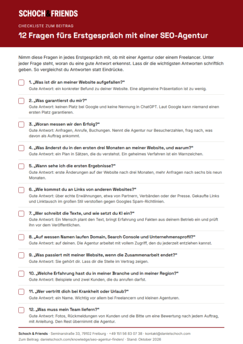 Vorschau der SEO-Agentur-Checkliste mit zwölf Fragen fürs Erstgespräch