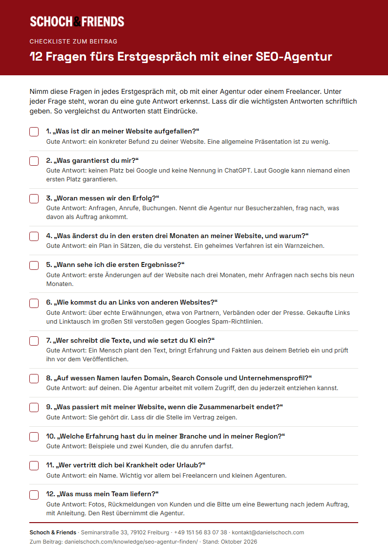 Vorschau der SEO-Agentur-Checkliste mit zwölf Fragen fürs Erstgespräch
