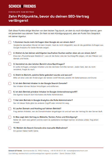 Vorschau der Checkliste mit zehn Punkten, um die SEO-Agentur vor der Verlängerung zu prüfen