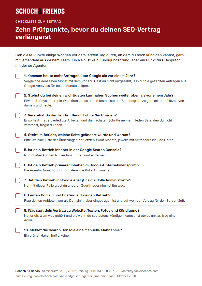 Vorschau der Checkliste mit zehn Punkten, um die SEO-Agentur vor der Verlängerung zu prüfen