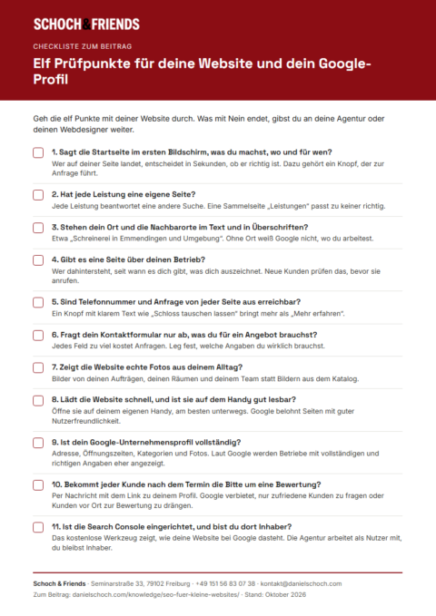 Vorschau der SEO-Checkliste mit elf Prüfpunkten für Website und Google-Profil