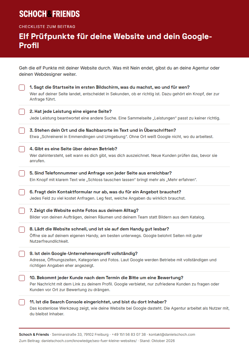 Vorschau der SEO-Checkliste mit elf Prüfpunkten für Website und Google-Profil