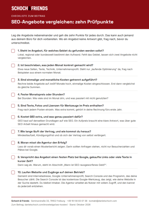 Vorschau der Checkliste mit zehn Prüfpunkten, um SEO-Angebote zu vergleichen