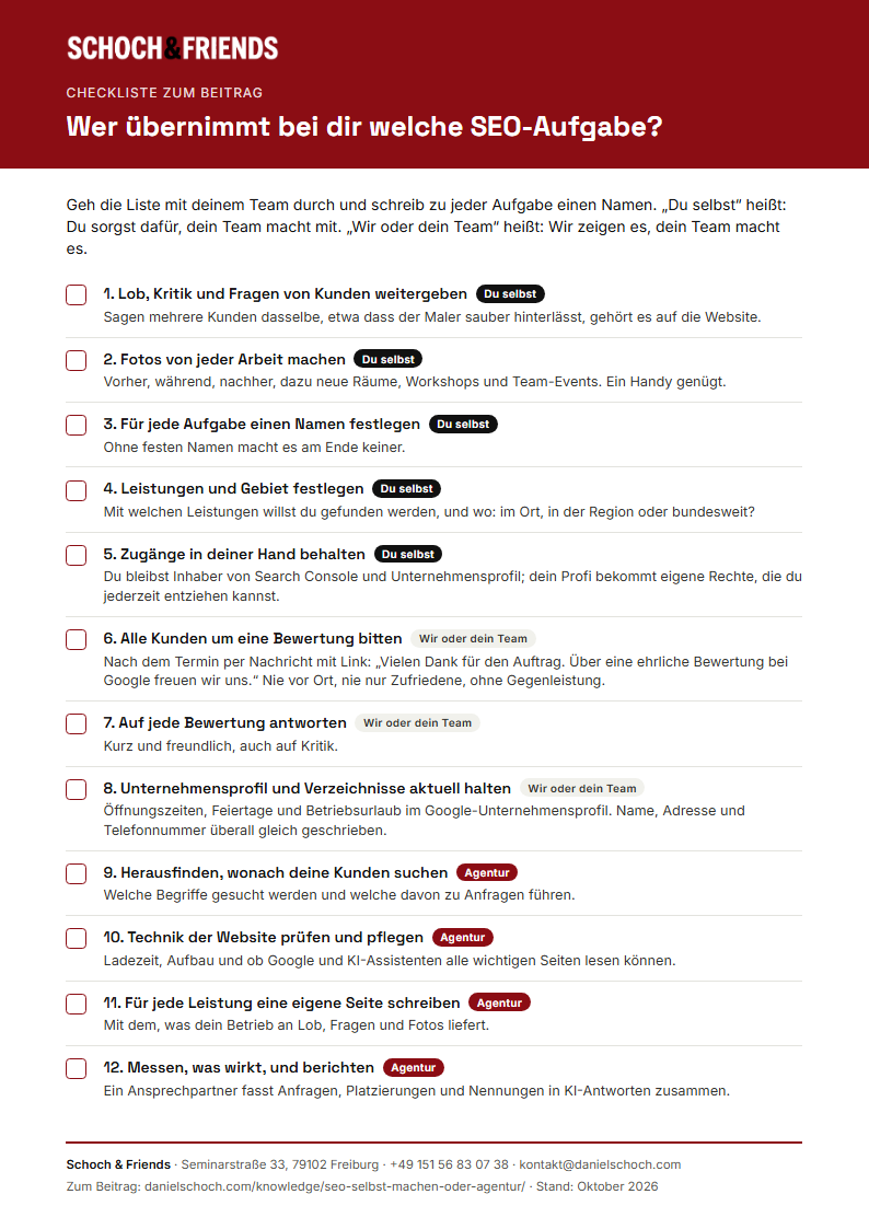 Vorschau der Checkliste mit zwölf SEO-Aufgaben und der Frage, wer sie übernimmt