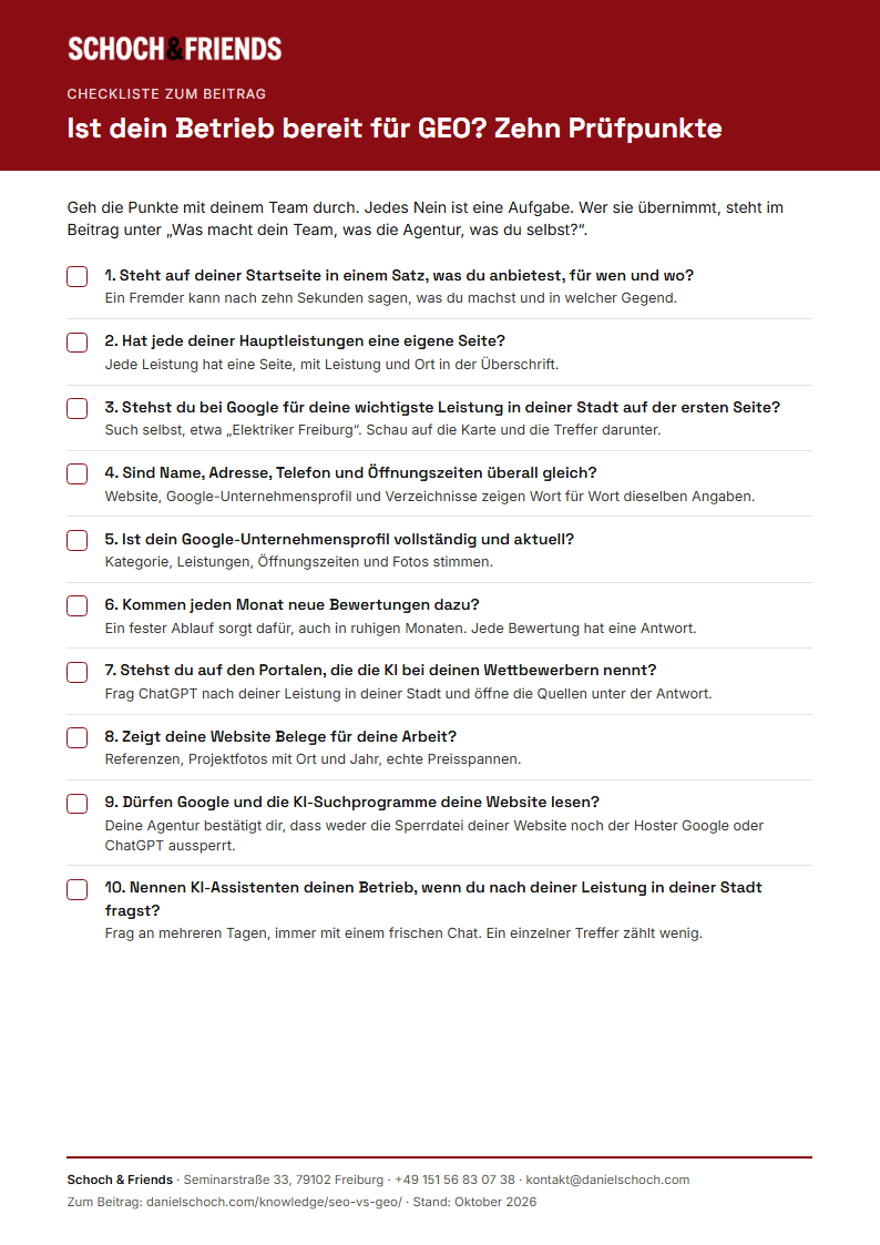 Vorschau der GEO-Checkliste mit zehn Prüfpunkten für Google und KI-Assistenten