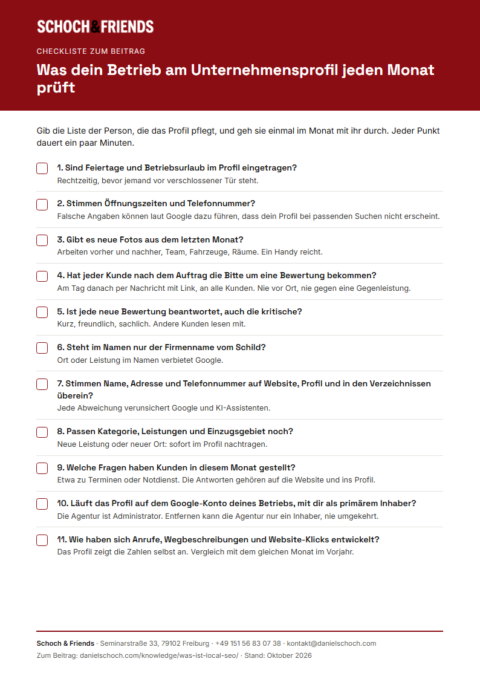 Vorschau der Local-SEO-Checkliste mit elf Prüfpunkten für das Google-Unternehmensprofil