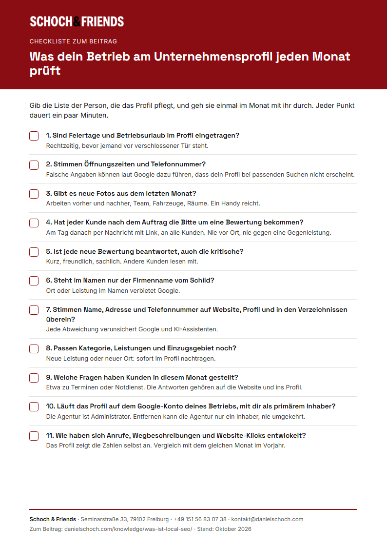 Vorschau der Local-SEO-Checkliste mit elf Prüfpunkten für das Google-Unternehmensprofil