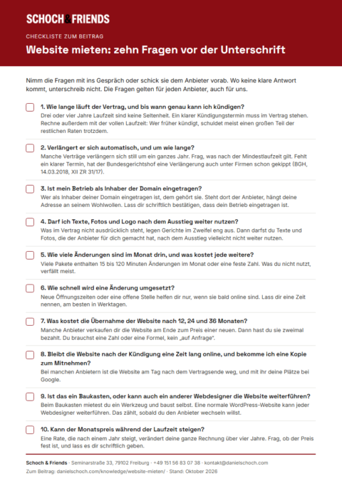 Vorschau der Checkliste „Website mieten“ mit zehn Fragen vor der Unterschrift