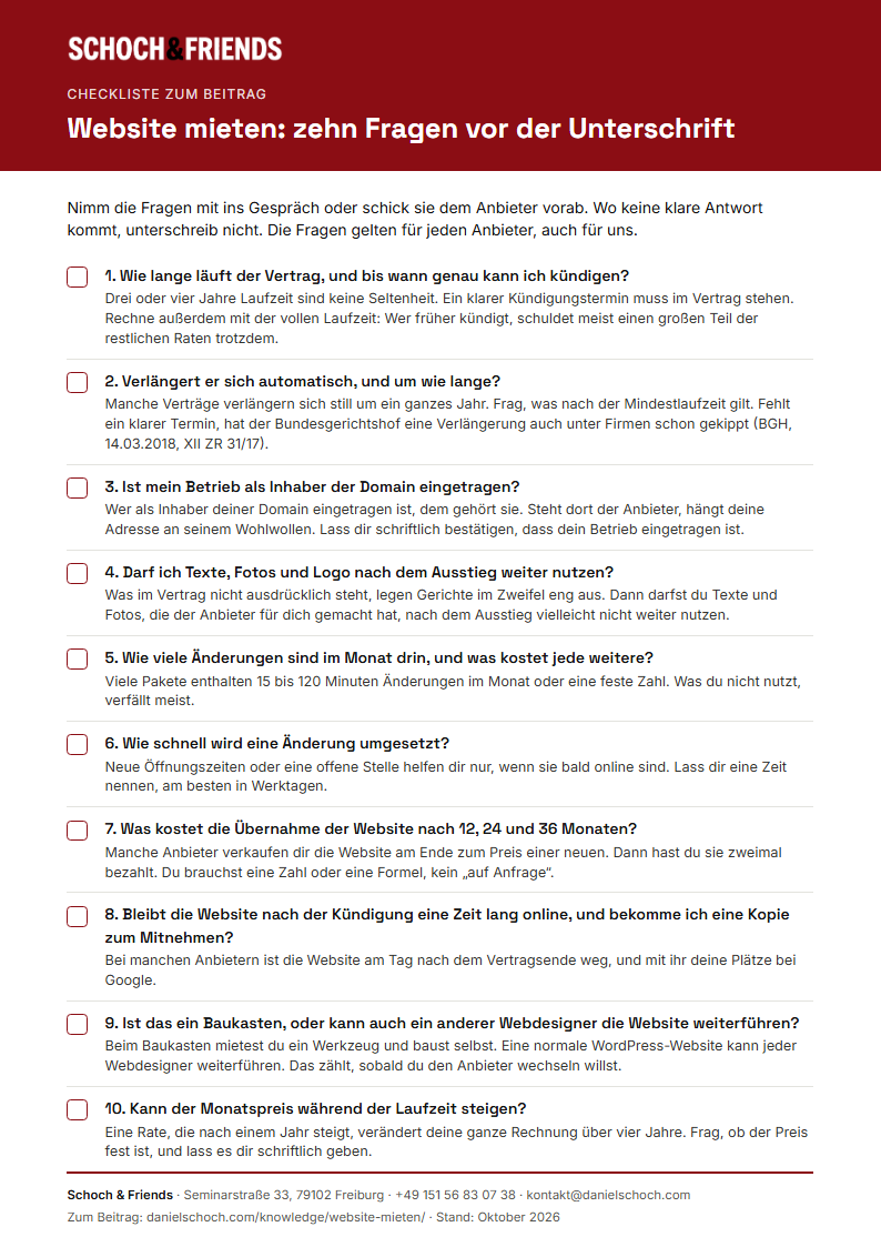Vorschau der Checkliste „Website mieten“ mit zehn Fragen vor der Unterschrift