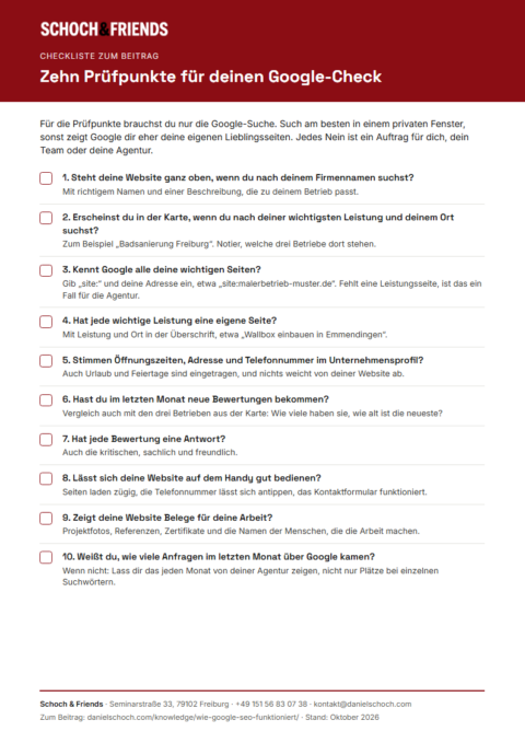 Vorschau der SEO-Audit-Checkliste mit zehn Prüfpunkten für den eigenen Google-Check