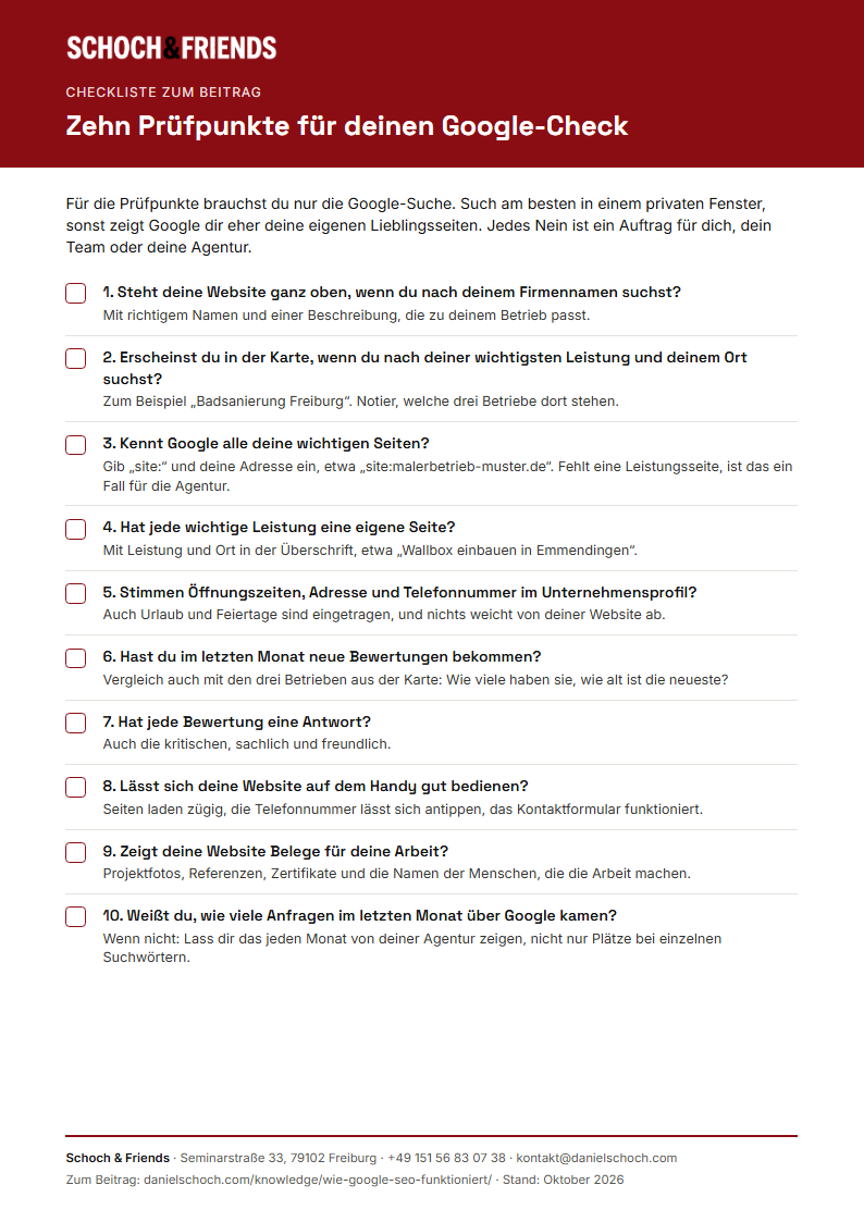 Vorschau der SEO-Audit-Checkliste mit zehn Prüfpunkten für den eigenen Google-Check