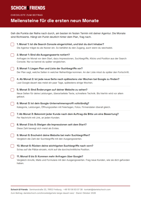 Vorschau der Checkliste SEO-Zeitplan mit elf Meilensteinen für die ersten neun Monate