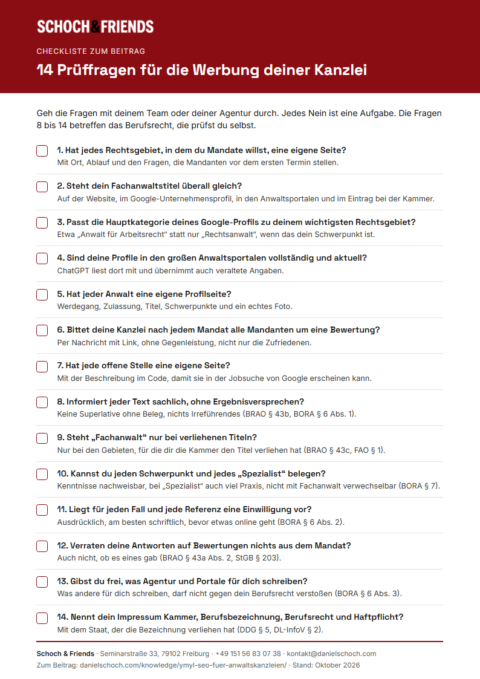 Vorschau der Checkliste Anwaltswerbung mit 14 Prüffragen zu Website, Google und Berufsrecht