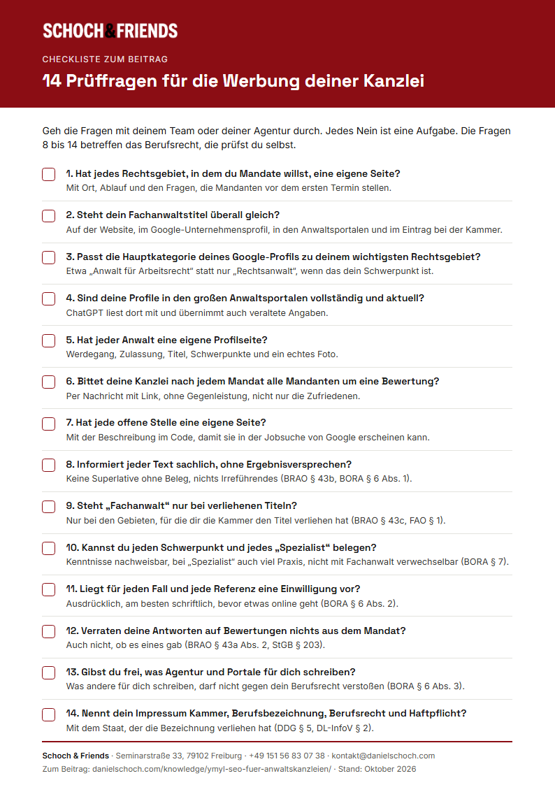 Vorschau der Checkliste Anwaltswerbung mit 14 Prüffragen zu Website, Google und Berufsrecht