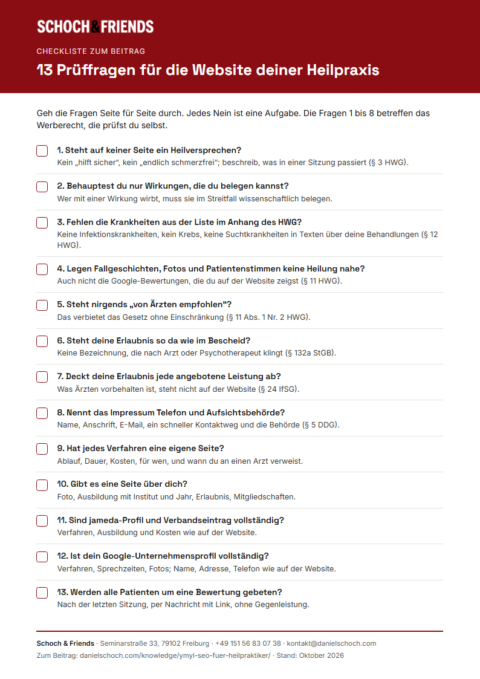Vorschau der Heilpraktiker-Checkliste mit 13 Prüffragen zu Werbung und Website