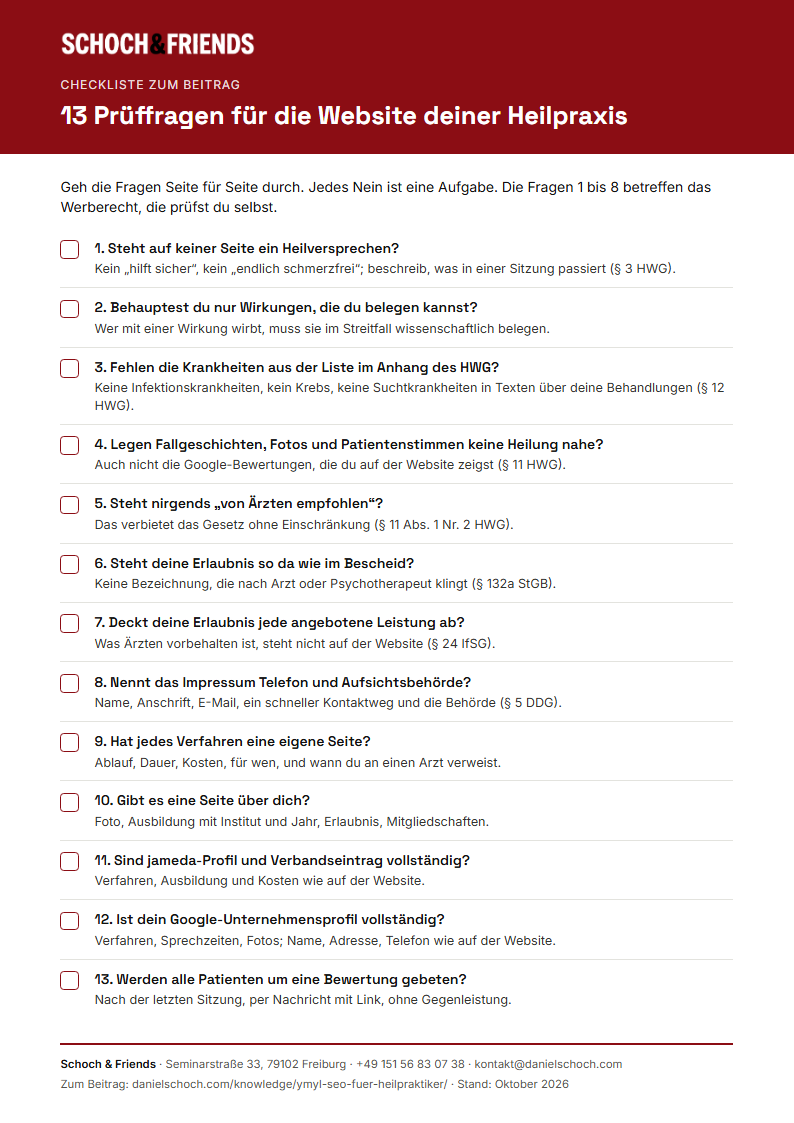Vorschau der Heilpraktiker-Checkliste mit 13 Prüffragen zu Werbung und Website