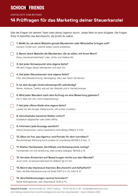 Vorschau der Steuerberater-Checkliste mit 14 Prüffragen für das Marketing einer Steuerkanzlei