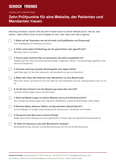 Vorschau der YMYL-Checkliste mit zehn Prüfpunkten für Praxen und Kanzleien