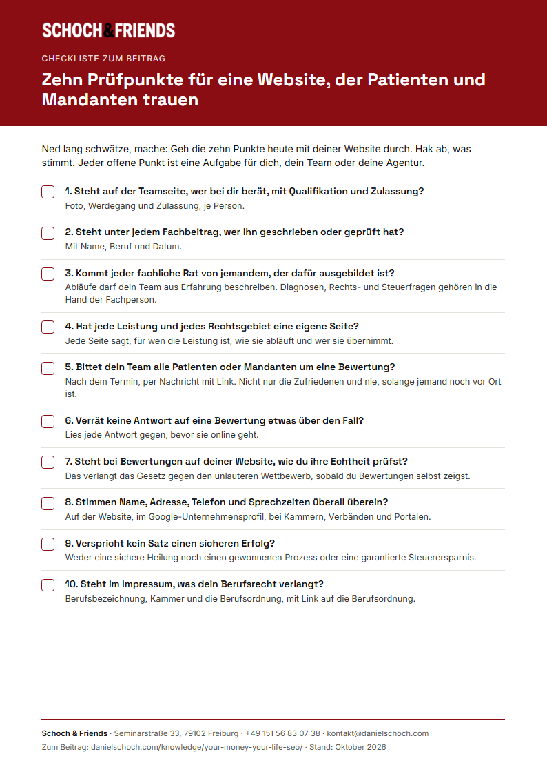Vorschau der YMYL-Checkliste mit zehn Prüfpunkten für Praxen und Kanzleien